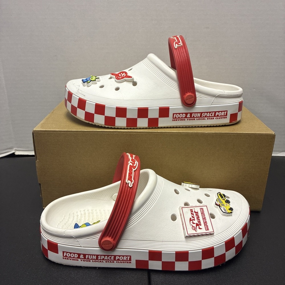 Crocs Toy Story Pizza Planet Clog Shoes Mens 7 Womens 9 Red White Pixar